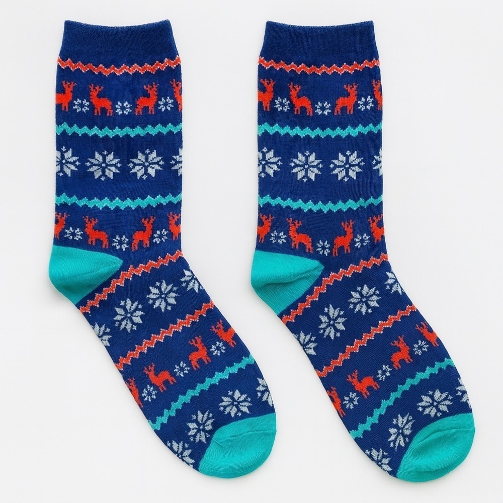 Blue Knit Holiday Themed Crew Socks